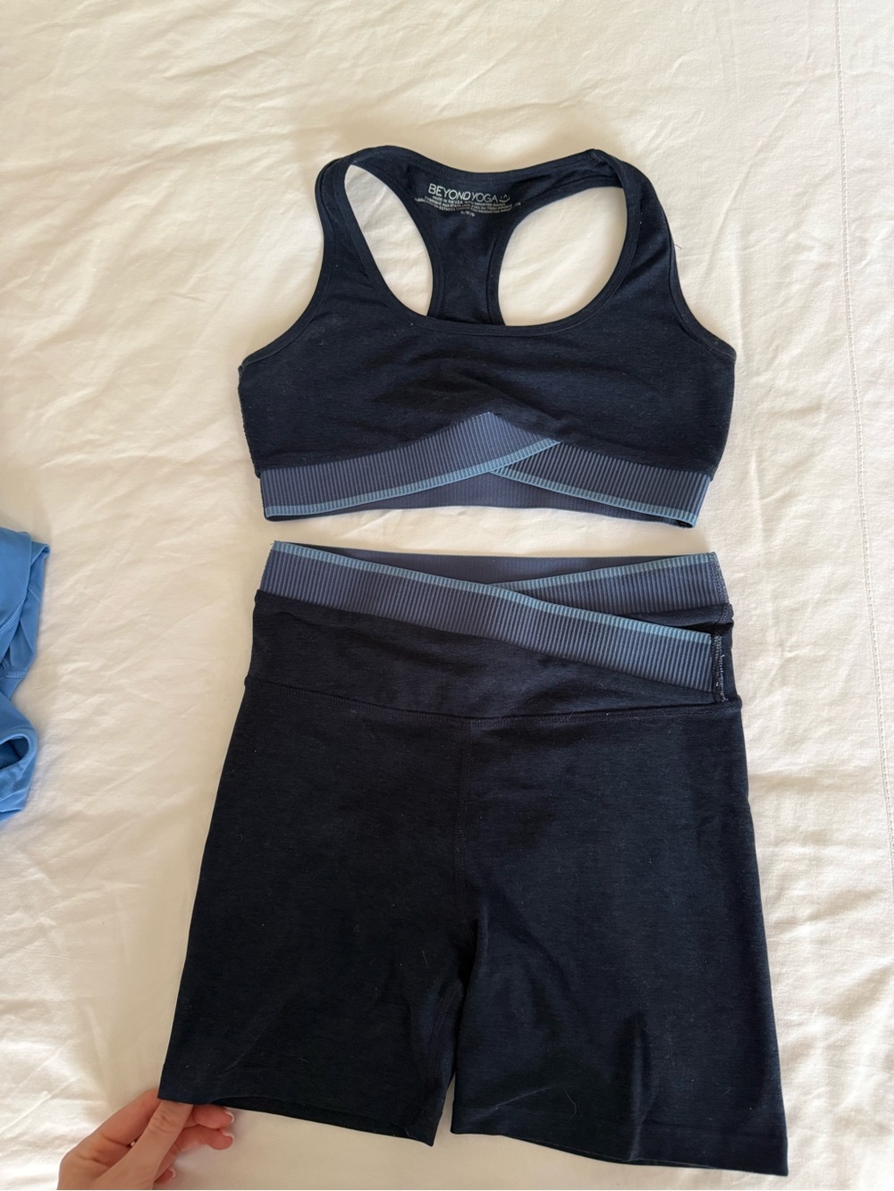 Beyond Yoga Navy Sports Bra & Shorts with Blue Trim